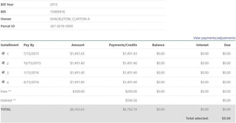 City tax records show payments of $6,762.19 in 2015 by Clayton A. Shackleton for Richard Corrente's residence. [From Warwick Tax Assessor database]