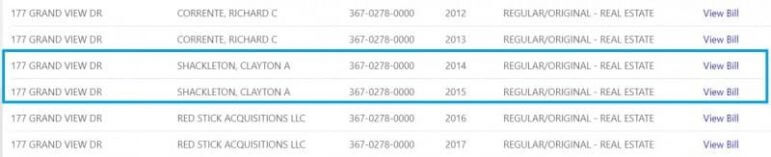 City tax records show that Clay Shackleton paid the delinquent tax bills on Richard Corrente's residence; Corrente paid Shackleton $4,000 for his campaign office in 2016. [Screenshot from Warwick Tax Assessor website]