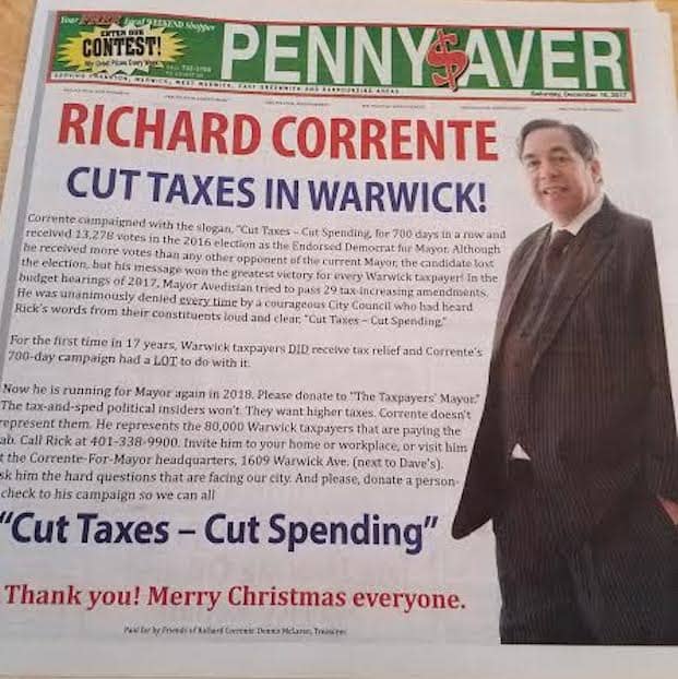 The problems with this ad go beyond allegations that Richard Corrente didn't report it on his campaign finance filings. [Copy of ad provided by Warwick GOP Chair Anthony Corrente]