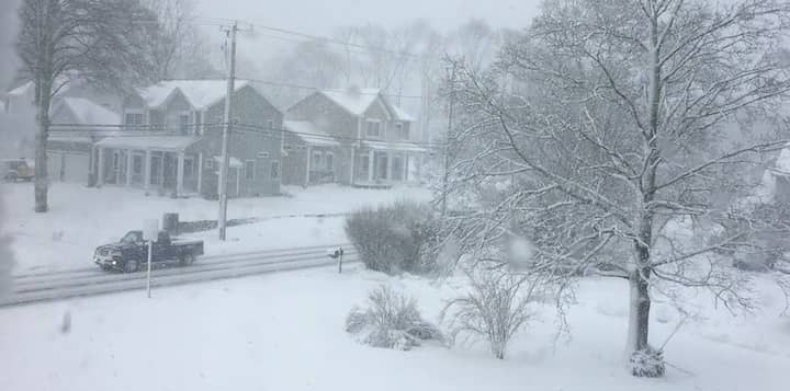 [CREDIT: Beth Hurd] Snow continued to fall in Warwick as of 5:30 p.m. Tuesday, pictured here in a photo of Warwick Neck Avenue.