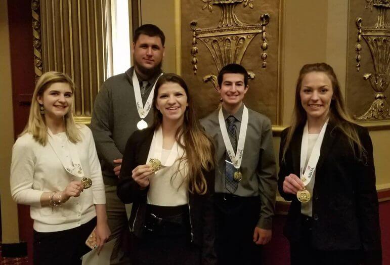 [CREDIT: New England Tech] Skills USA winners, from front, left: Marissa Sposato, Amber Robertson and Dayna Koukas. In Back from left: Mike Webb and Dominic Franco. Not pictured: Maryellen Gale. 