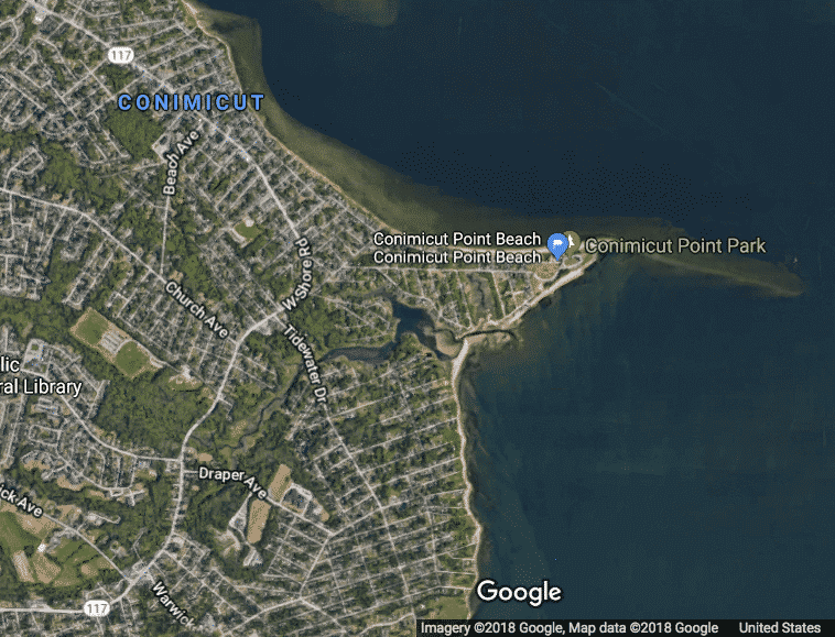 {CREDIT: Google Map Data] Conimicut Point Beach has been closed by the RI Health Department for high bacteria counts.