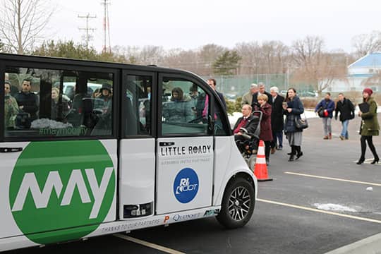 [CREDIT: RIDOT] The RIDOT demonstrated its autonomous electric shuttle program, Little Roady, which will serve roads along the Woonosquatucket River Corridor this Spring, at the Quonset Development Corporation Feb. 20.