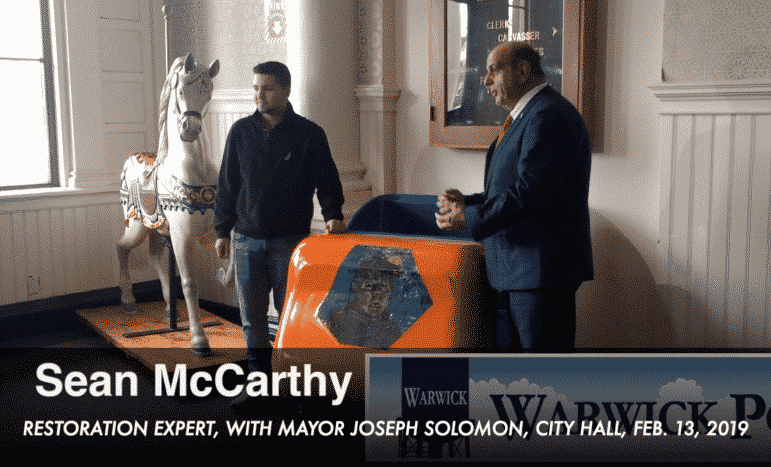 [CREDIT: Rob Borkowski] from left, Sean McCarthy, who restored The Wolf Man House of Horrors car from Rocky Point, and Mayor Joseph J. Solomon.