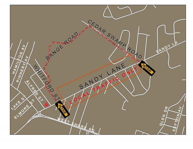 [CREDIT: City of Warwick] During Sandy Lane repair work, a detour will change traffic patterns starting Monday at approximately 7 a.m., and remain in effect for about one week: