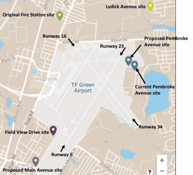 [CREDIT: RIDOH] A map of current and proposed air quality monitoring sites around T.F. Green Airport.