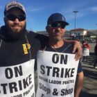 [CREDIT: Rob Borkowski] From left, Richard Miller, steward for Local UFCW 328, and John Ardente, a grocery clerk, at the 2470 Warwick Ave. Stop & Shop strike Tuesday.