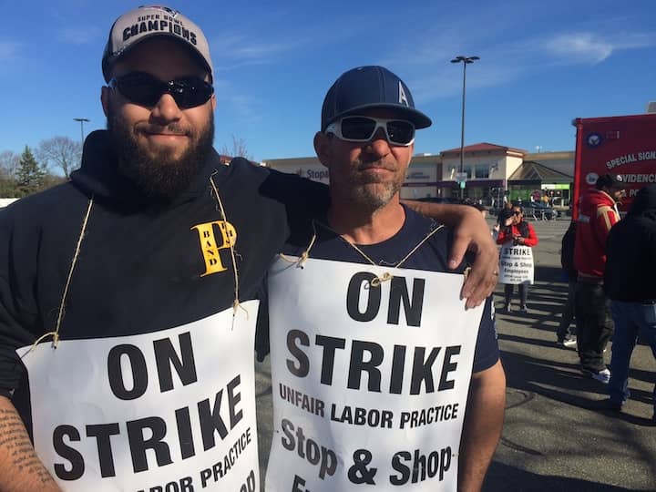 [CREDIT: Rob Borkowski] From left, Richard Miller, steward for Local UFCW 328, and John Ardente, a grocery clerk, at the 2470 Warwick Ave. Stop & Shop strike Tuesday.