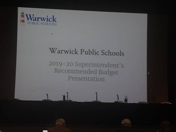 [CREDIT: Rob Borkowski] The first slide of a series of budget presentations Tuesday, April 23 at Warwick Veterans Memorial School.