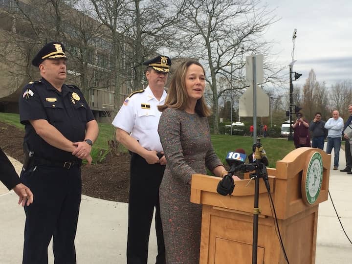 [CREDIT: Rob Borkowski] CCRI President Meghan Hughes speaks to media at CCRI's Knight Campus in Warwick following discovery of a shell casing at the school Wednesday, May 1, 2019.
