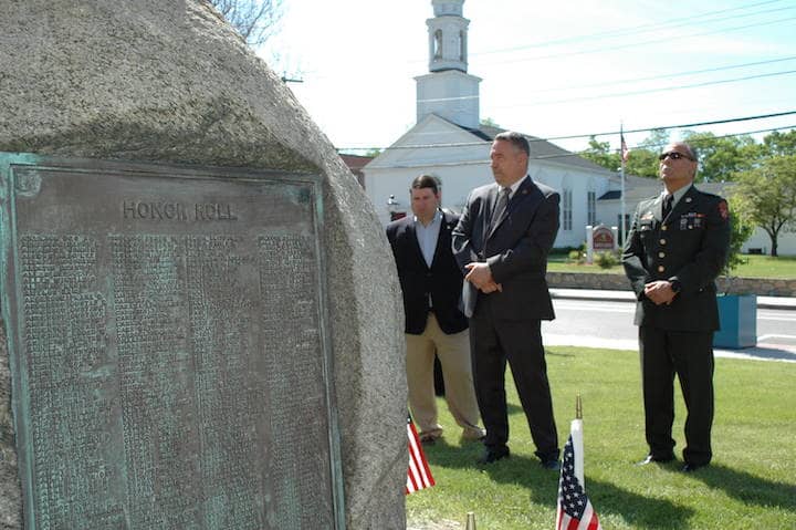 [CREDIT: Rob Borkowski] From left, Councilmen Steve McAllister and Timothy Howe, and U.S. Army vet Paul DePetrillo at City Hall's World War I memorial.