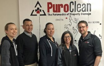 [CREDIT: PuroClean] From left, members of the PuroClean staff: Olivia Lariviere, Richard Minogue, Raquel Pereyra, Alda Hernandez, and Chris Sanford, owner. Sanford is the U.S. SBA 2019 New England Veteran Small Business Owner of the Year.