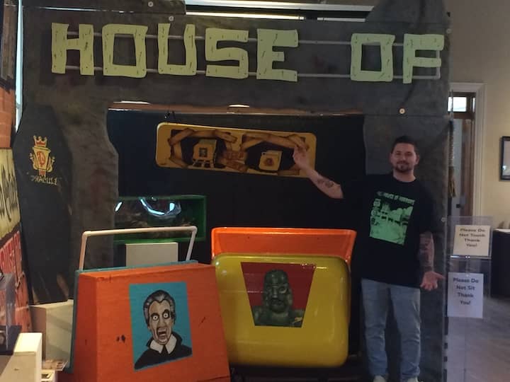 [CREDIT: Rob Borkowski] Sean McCarthy, Rocky Point Park historian and restoration expert, shows off his House of Horrors exhibit on display at Warwick Center for the Arts, part of the Rocky Point exhibit.