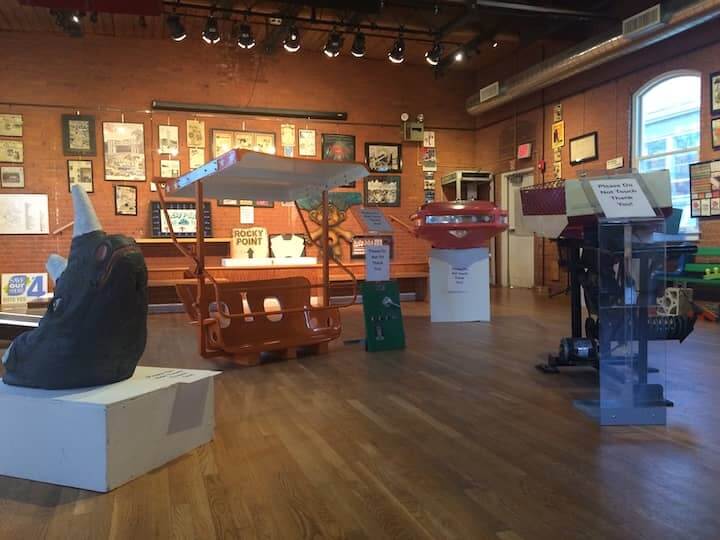 [CREDIT: Rob Borkowski] A view of most of the artifacts on display at the Warwick Center for the Arts' "Remembering Rocky Point Park!" exhibit.