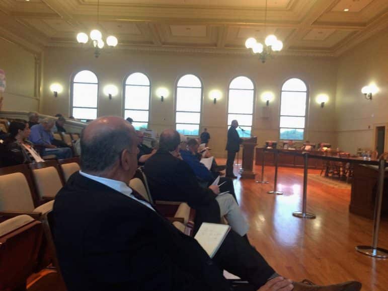 [CREDIT: Rob Borkowski] School Finance Director Anthony Ferrucci presents the School budget. Mayor Joseph Solomon, in front, looks on.