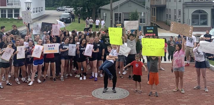 [CREDIT: Nicole Kinsley] About 60 students protested at City Hall Wednesday morning, asking that school sports be added to the FY20 school department budget.
