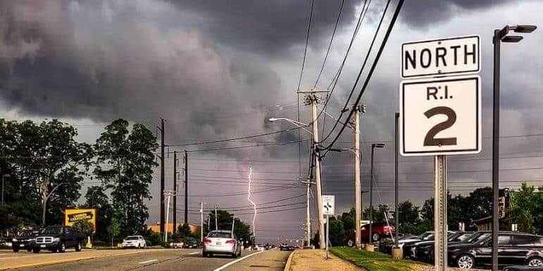 [CREDIT: Brian M. Chevalier] A lightning bolt captured Sunday as a powerful storm moved into Warwick.The storm was the source of several reports of large hailstones throughout the state.