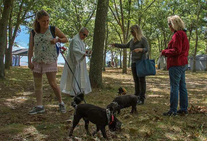 [CREDIT: Mary Carlos] Deacon John Baker of St Catherine’s in Warwick blesses dogs and cats at Warwick City Park Saturday, Sept. 17. At center, Julie Sussman and Tessa, dressed as a hot dog, receive their blessing.[CREDIT: Mary Carlos] Deacon John Baker of St Catherine’s in Warwick blesses dogs and cats at Warwick City Park Saturday, Sept. 17. At center, Julie Sussman and Tessa, dressed as a hot dog, receive their blessing.