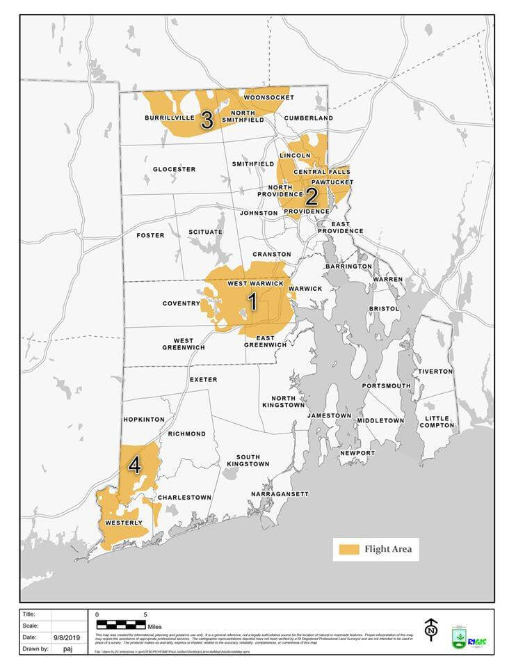 [CREDIT: DEM] A map of RI communities that will be sprayed to protect against EEE bearing mosquitoes, scheduled for Sunday night, Sept. 8, 2019.