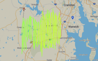 [CREDIT: Planetracker] A tracking map of the route taken by Clarke Mosquito Control Plane N79W as of 9:40 p.m., before it headed back to its starting point in Plymouth, MA. DEM notes the flight path does not necessarily mean the plane is spraying pesticide in the marked area.