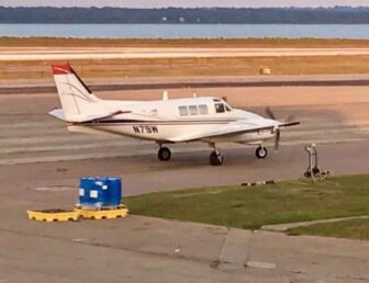 {CREDIT: DEM] A plane run by Clarke took off from Quonset Airport Sept. 10 at 6:45 p.m. to spray areas of Westerly against EEE-bearing mosquitoes.