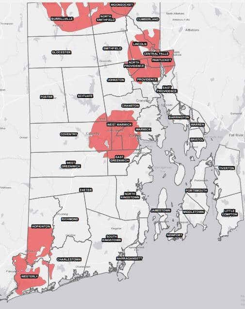 [CREDIT: DEM] A map of RI communities that will be sprayed to protect against EEE bearing mosquitoes, scheduled for Sunday night, Sept. 8, 2019.