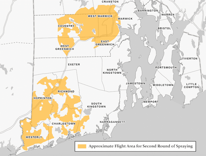 [CREDIT: DEM] A map of the areas of RI to be covered by a second round of aerial pesticide to control EEE-bearing mosquitoes.