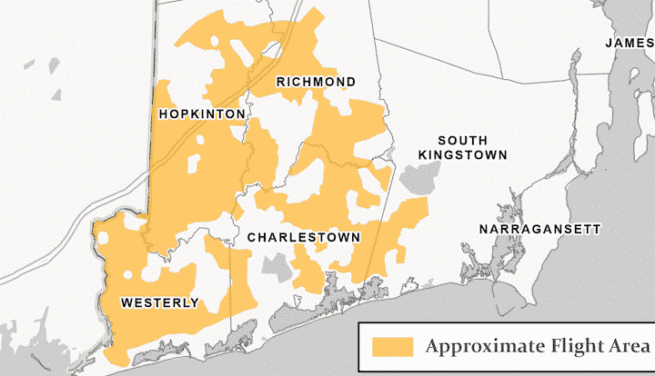 [CREDIT: DEM] A map of the south west area of RI to be covered by a second round of aerial pesticide to control EEE-bearing mosquitoes,weather permitting, at night on Monday, Sept. 23.