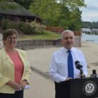 [CREDIT: Sen. Jack Reed's Office] U.S. Sen. Jack Reed and Megan DiPrete, DEM Chief, Planning & Development, at Goddard Park Monday. The two joined state officials at the park to announce $1.7M in federal funds for RI parks and public spaces.