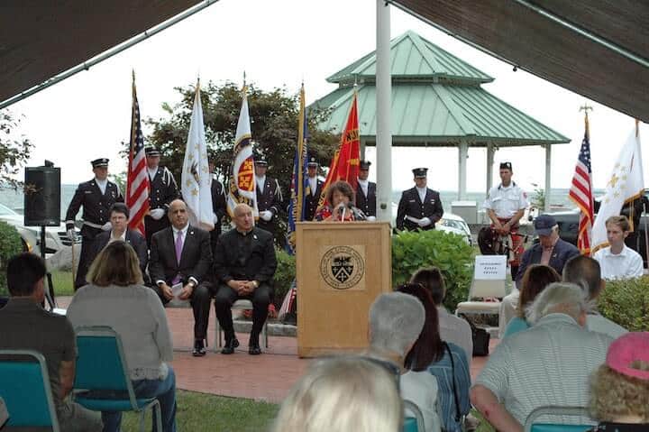 [CREDIT: Rob Borkowski] Councilwoman Donna Travis speaks during Warwick's annual Sept. 11 observance memorial ceremony in 2019.