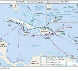 [CREDIT: U.S. Department of the Interior] A poster showing the voyages of Christopher Columbus from 1492-1504.