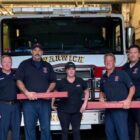 [CREDIT: D'Angelo Sandwiches] Firefighters at Warwick's Fire Station 4, with D’Angelo employee Helena Dowling, on Sunday. Dowling delivered free sandwiches to the station Sept. 29.