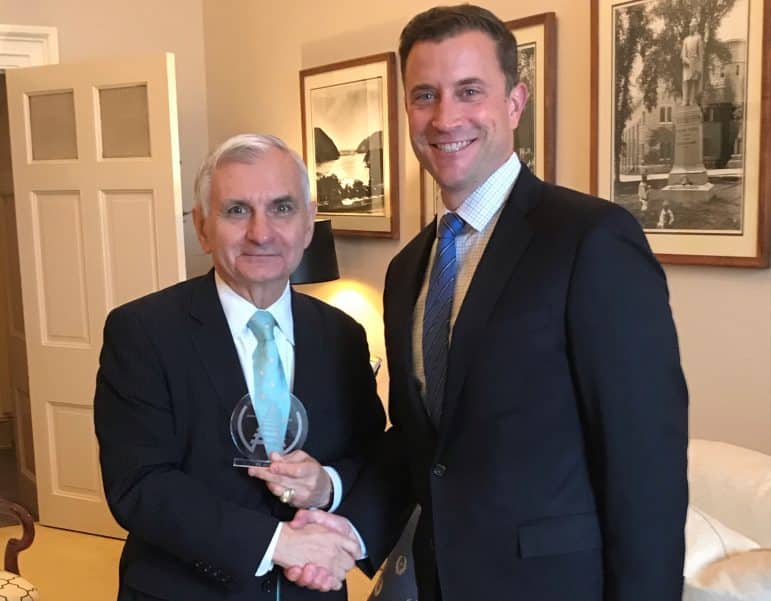 [CREDIT: Sen. Reed's Office] U.S. Sen. Jack Reed received the Railroad Achievement Award in recognition of his continued leadership on issues directly and indirectly affecting both freight and passenger railroads.