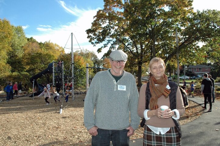  [CREDIT: Rob Borkowski] Friends of Salter Grove members Peter Becker, left and Louise Jakobson were all smiles at the ribbon cutting for the new Salter Grove Park Oct. 26.