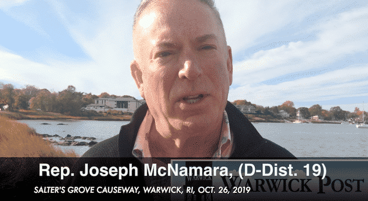 [CREDIT: Rob Borkowski] Rep. Joseph McNamara, (D-Dist 19) explains improvements in safety and accessibility at the Salter Grove causeway.