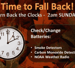 [CREDIT:NWS] Fall Back: Set your clocks back an hour — for Daylight Savings Time at 2 a.m. Sunday, Nov. 3.