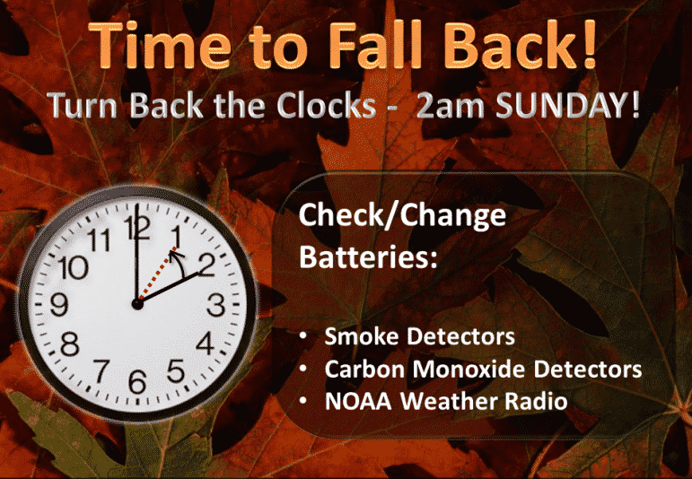 [CREDIT:NWS] Fall Back: Set your clocks back an hour — for Daylight Savings Time at 2 a.m. Sunday, Nov. 3.
