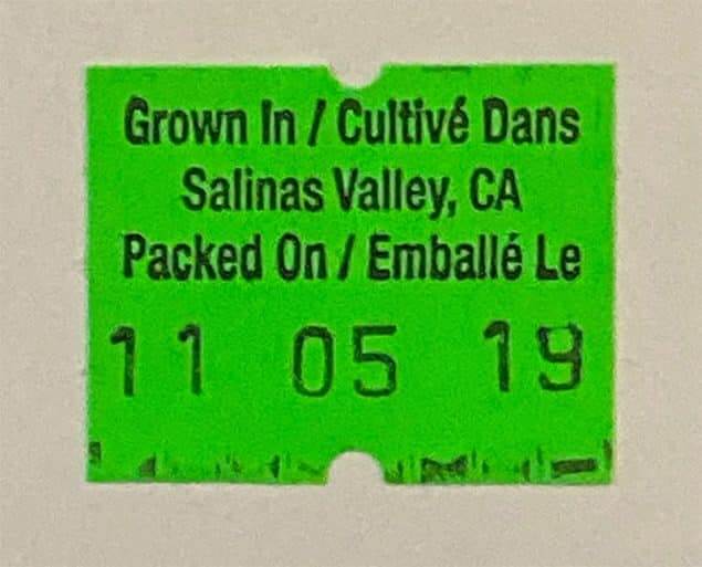 [CREDIT: CDC] A sample label on romaine lettuce from Salinas, CA recalled for E. Coli contamination risk on Nov. 22, 2019.