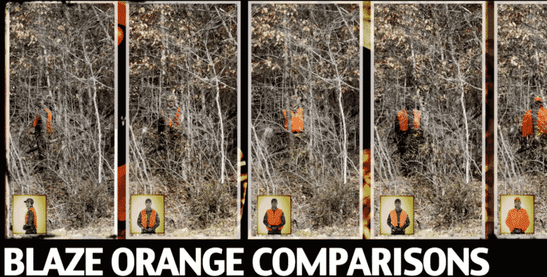 [CREDIT:Mass.gov} A Mass.gov comparison of the effectiveness of various combinations of flourescent, or blaze, orange in the wild. RI and MA law requires wearing hunter orange during shotgun deer hunting season and other hunting seasons.