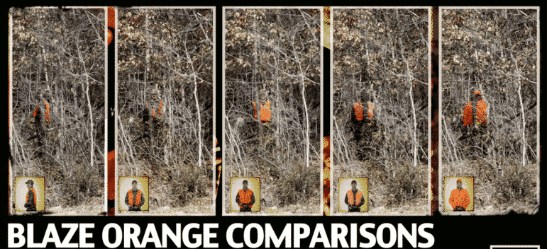 [CREDIT:Mass.gov} A Mass.gov comparison of the effectiveness of various combinations of flourescent, or blaze, orange in the wild. RI and MA law requires wearing orange during shotgun deer hunting season and other hunting seasons.