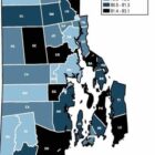 [CREDIT: URI] A map of life expectancy in each RI community.