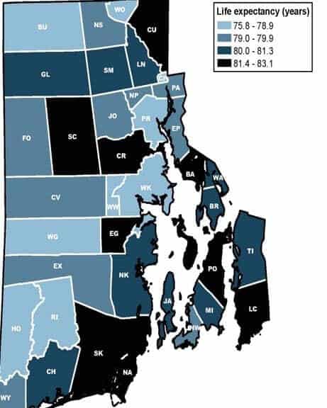 [CREDIT: URI] A map of life expectancy in each RI community.