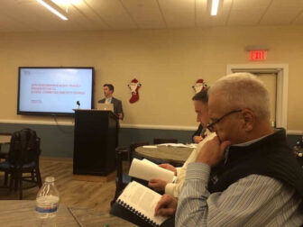 [CREDIT: Rob Borkowski] Matt Plain, with Barton Gilman, presenting his firm’s audit of Warwick Public Schools. Front, from left, are Councilmen Ed Ladouceur and Timothy Howe.