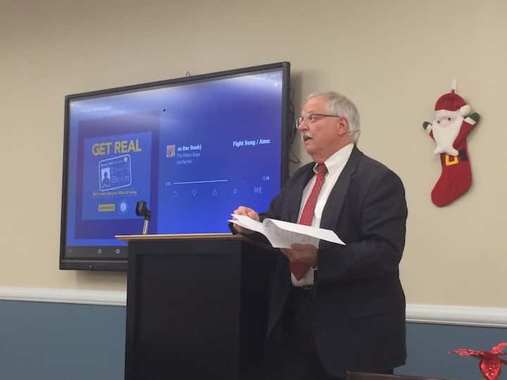 [CREDIT: Rob Borkowski] Warwick Schools Finance Director Anthony Ferrucci presented the district's 5-year-plan at the Tides Cafe at the WACTC Wednesday night.