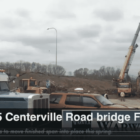 [CREDIT: Rob Borkowski] About 12 people worked atop the new Centerville Road bridge for Rte.95, where a North American Crane and Rigging crane moved a large cement finisher.