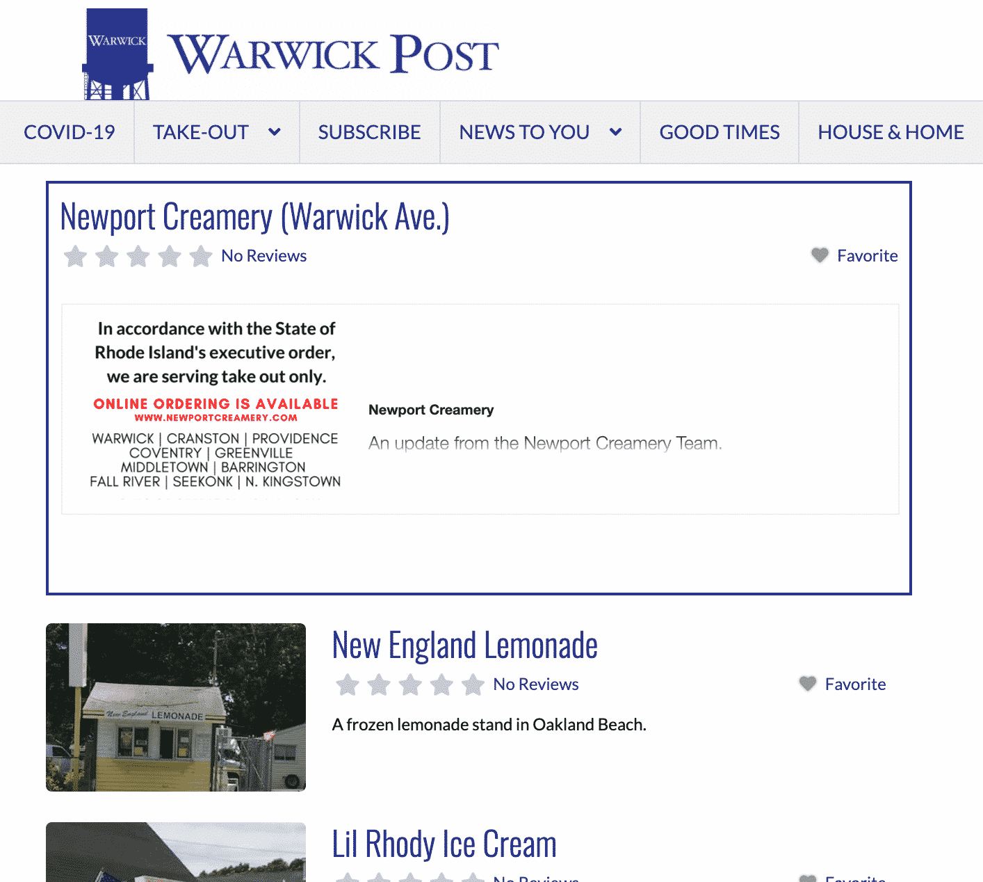 [CREDIT: WarwickPost.com] An example of a paid listing on WarwickPost.com's free take out directory. This paid service connects your facebook page to your page in the directory.