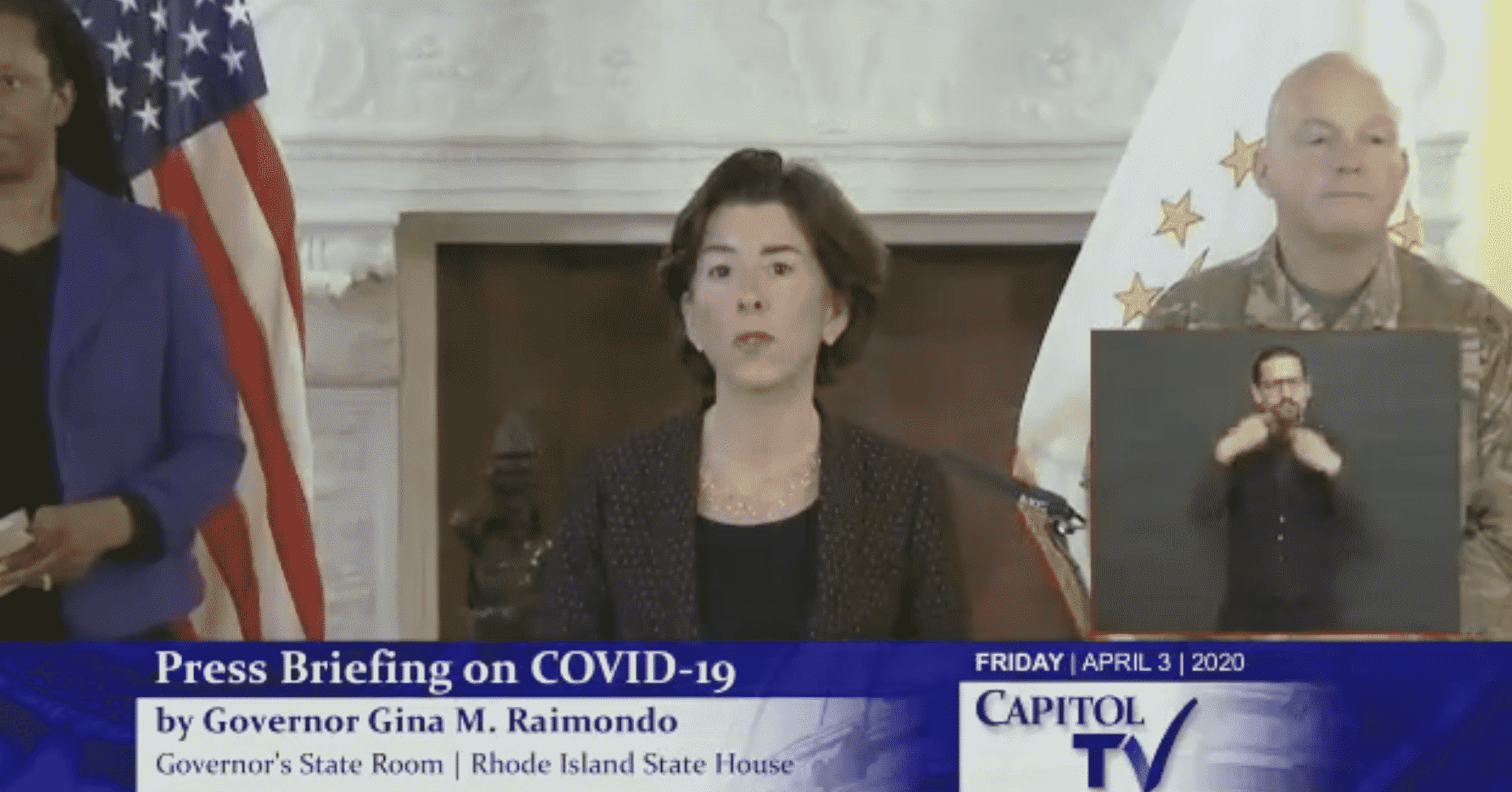 Gov. Gina Raimondo held a press conference April 2 announcing two new COVID-19 deaths, new field hospitals and to call medical personnel to sign up to help the state deal with the outbreak.