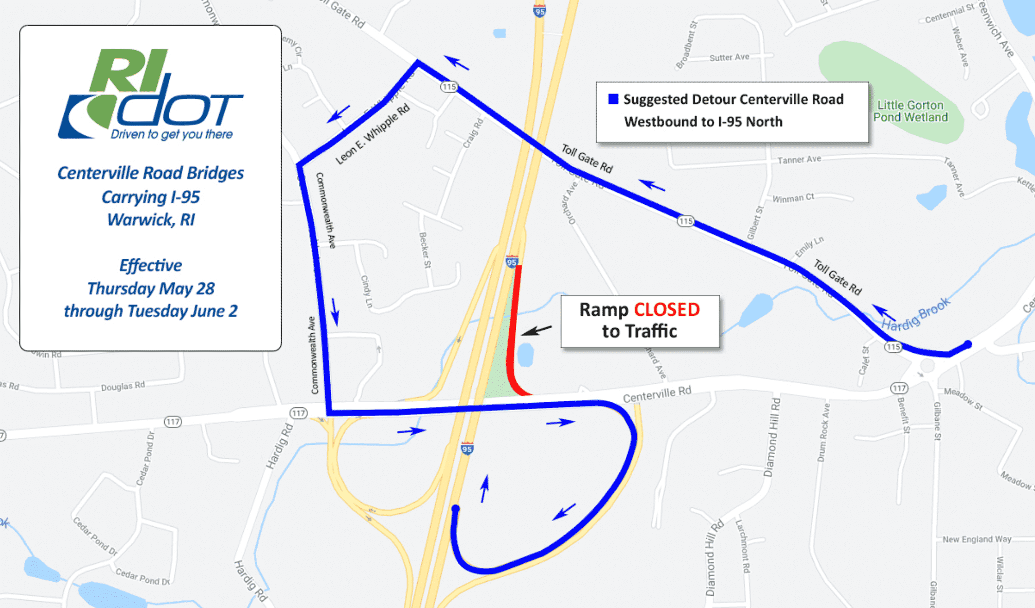 [CREDIT: RIDOT] New Toll Gate & Centerville Road bridges on Rte. 95 near Exit 10 will be moved into place starting May 28 as traffic is detoured.