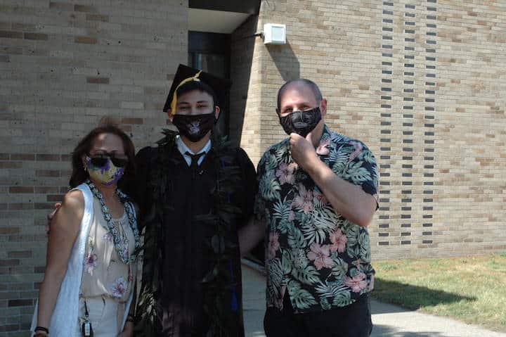[CREDIT: Rob Borkowski] Pilgrim High 2020 grad Robert DiBeneditto with his parents, Luisa and Bob, after receiving his diploma June 4, 2020.