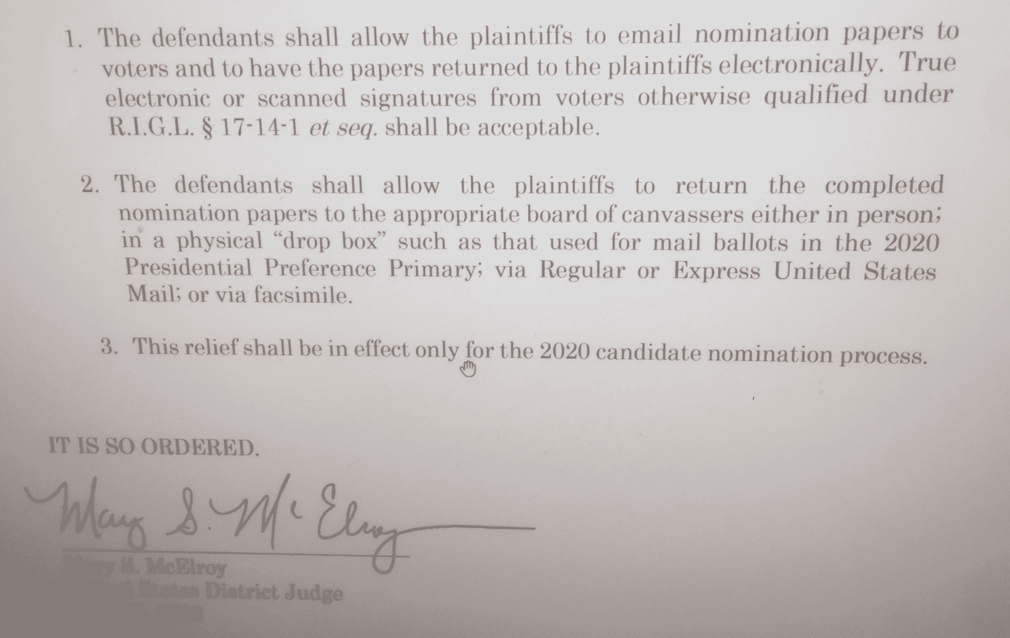 [CREDIT: RIACLU] US District Court Judge Mary McElroy ruled nomination papers can be collected electronically during the COVID-19 pandemic.